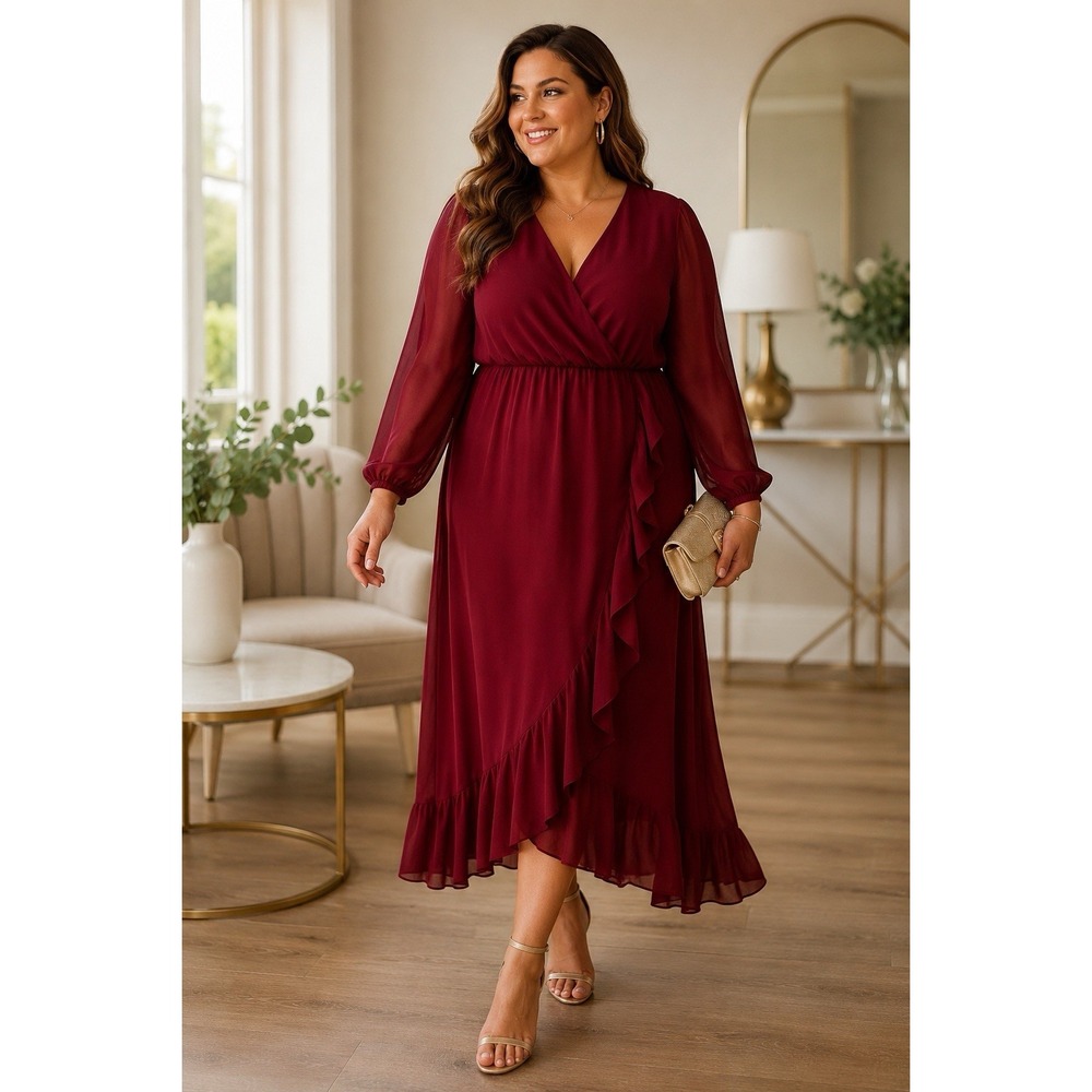 BloomChic Burgundy Faux Wrap Ruffle Midi Maxi Dress NWT Plus Size 14/16